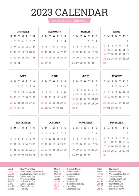 Year 2023 Calendar Printable Templates with Holidays - VL Calendar