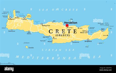 Crete, Greek island, political map, with capital Heraklion. Largest island of Greece and fifth ...