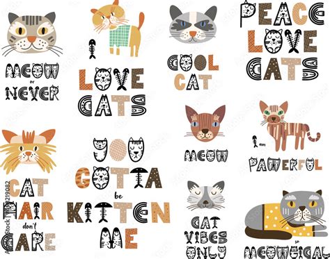 Funny cat quotes. Lettering set with cat sayings. Vector illustration. Stock Vector | Adobe Stock