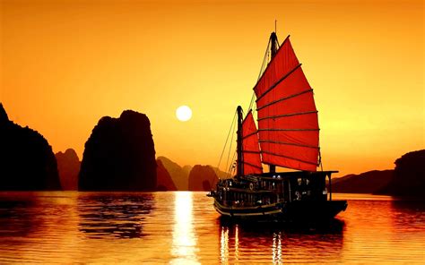 Sailboat, along bay, lake, sunset, horizon, landscape, asia, stunning, vietnam, evening, world ...