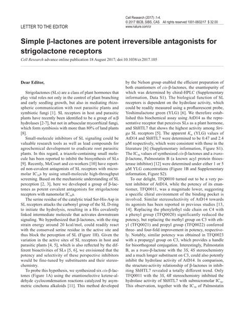 (PDF) Simple β-lactones are potent irreversible antagonists for strigolactone receptors