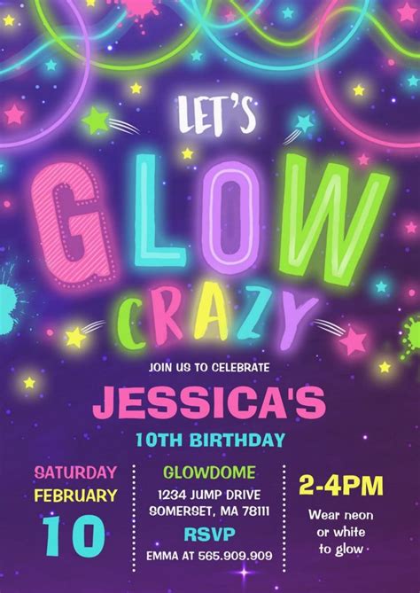 Glow Birthday Invitation Neon Glow Dance Party | Zazzle | Neon party invitations, Glow birthday ...