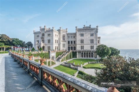 View of Miramare Castle with ocean behind. — Panorama, history - Stock ...