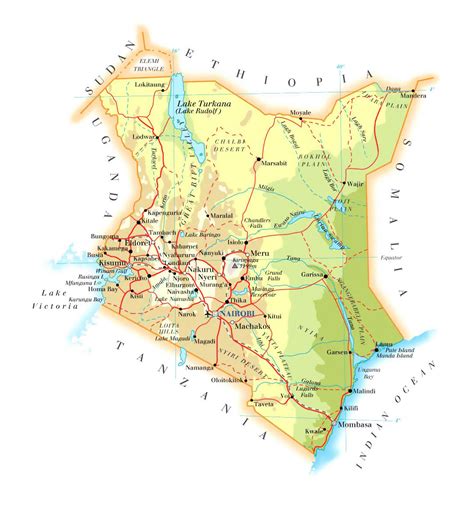 Detailed elevation map of Kenya with roads, cities and airports | Kenya | Africa | Mapsland ...