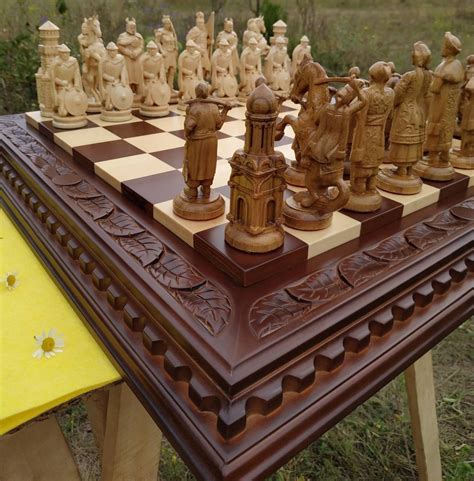 $581.40 Wooden chess set: board + pieces Exclusive handmade big large wood chess pieces unique ...