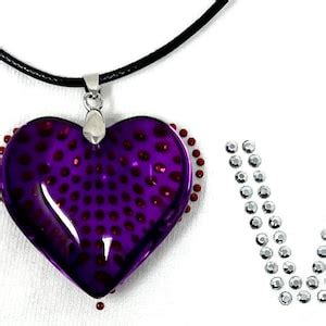 Purple Heart Necklace, Big Purple Glass Heart Pendant, Puff Charm Necklace With Black Leather ...