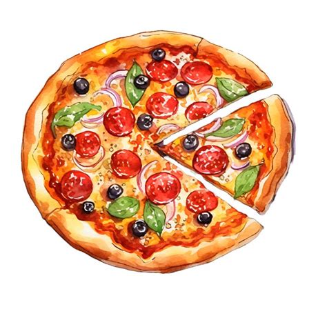 a watercolor painting of a pizza with one slice missing