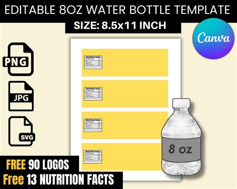 Bottle Label Template, 8 Oz Water Bottle Template, Water Bottle Sticker, Water Bottle Label ...