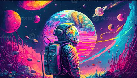 , Psychedelic Space banner template, nostalgic 80s, 90s background. Horizontal illustration of ...