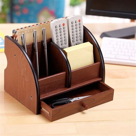 5 Compartment Luxury Brown Wood Office Desktop Organizer / Letter Sorter with Drawer-in Storage ...