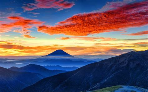 Download wallpapers Fujiyama, 4k, Mount Fuji, sunset, mountains, stratovolcano, japanese ...