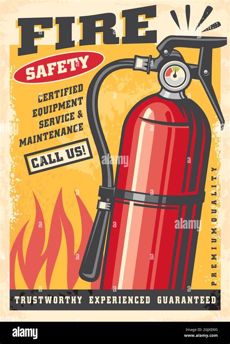 Fire safety equipment retro poster graphic. Fire extinguisher sign ...