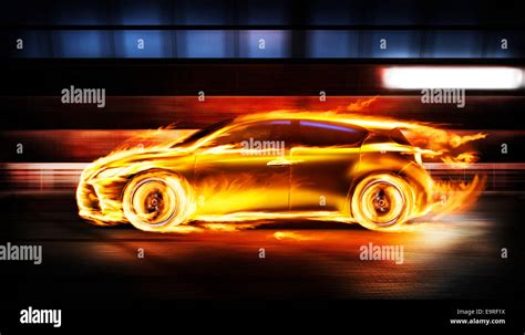 Covered in burning flames sports car racing along a tunnel, side view Stock Photo - Alamy