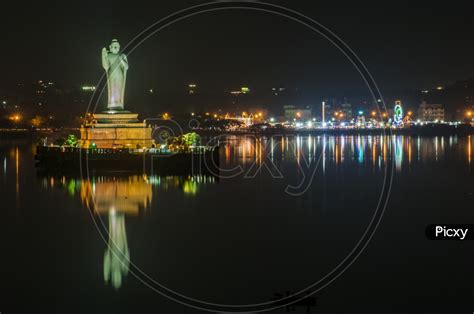 Image of Night view of Buddha Statue in Tank Bund, Hussain Sagar Lake, Hyderabad-BR958497-Picxy