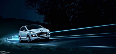 Night shots of the Peugeot diesel hybrid on the road outside Paris | Harniman Photographer