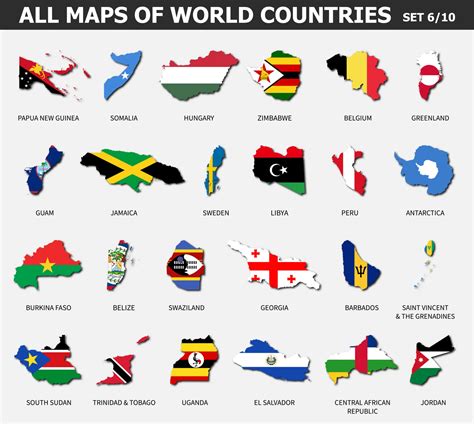 All maps of world countries and flags . Set 6 of 10 . Collection of outline shape of ...