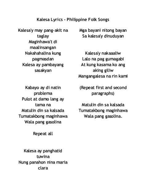 (DOC) Kalesa Lyrics -Philippine Folk Songs | Unessa Mae Derilon - Academia.edu