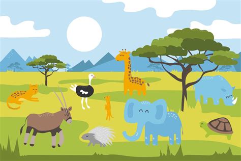 Cartoon wild animals in the savannah. Cartoon panorama with acacia trees, mountains in the ...