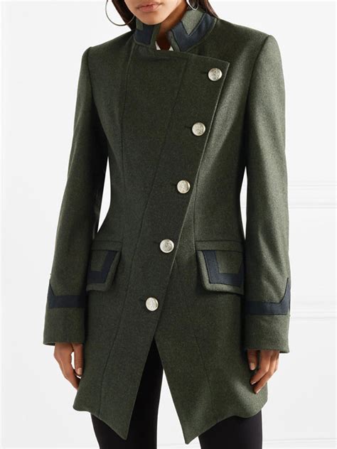 Military Wool Coat Women Asymmetrical Buttons Pockets Hunter Green Long Sleeve Winter Coat Cozy ...