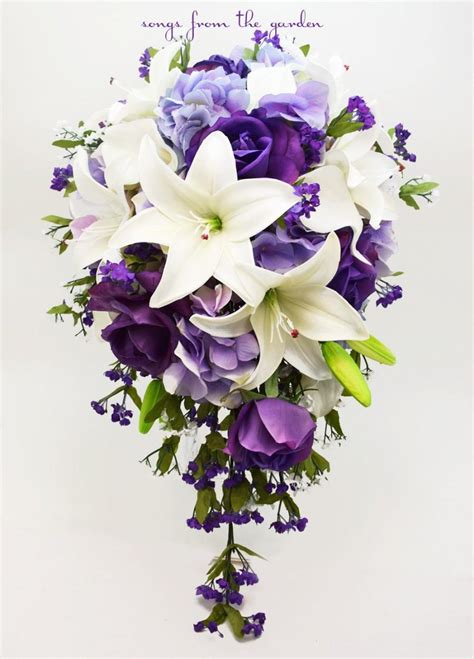 Cascade Bridal Bouquet With Real Touch Purple Roses, Real Touch Lilies, Silk Lavender Hydrangea ...