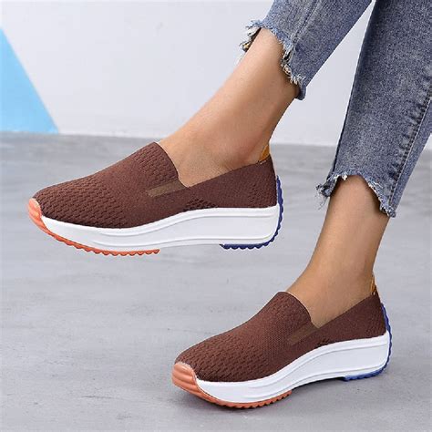 Plus Size Women Solid Breathable Knitted Rocker Sole Casual Walking ...