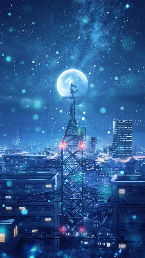 2160x3840 Blue Night Big Moon Anime Scenery 4k Sony Xperia X,XZ,Z5 ...