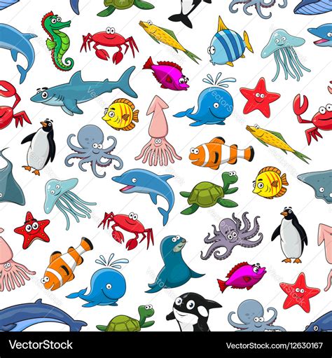 Cartoon pattern of sea fish and ocean animals Vector Image