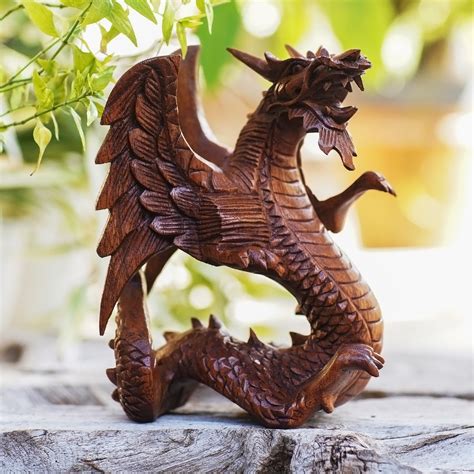 Hand Carved Wood Dragon Sculpture - Winged Dragon | NOVICA