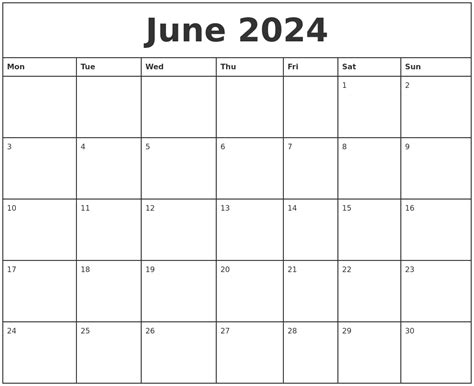 June 2024 Printable Monthly Calendar