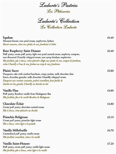 Menu at Ladurée cafe, London, 1 The Market