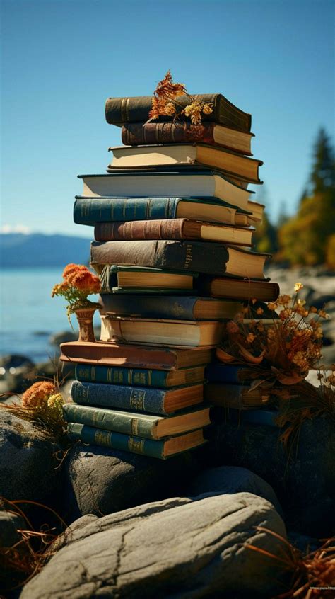 Summer reading on the coast, books pile, and scenic coastal splendor Vertical Mobile Wallpaper ...