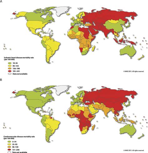 World maps showing the global distribution of ischemic heart disease ...