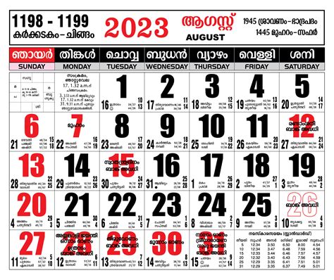 August 2023: Latest Malayalam Calendar | Free Download