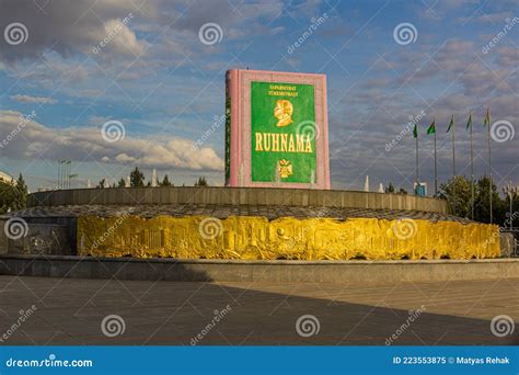 ASHGABAT, TURKMENISTAN - APRIL 17, 2018: Statue of Ruhnama, Book of the Soul, Written by ...