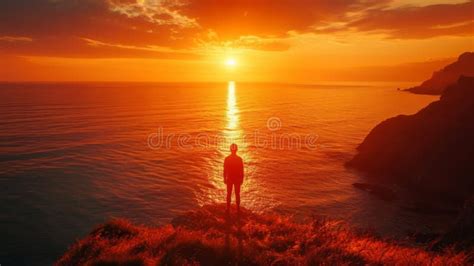 A Person Standing on a Cliff Overlooking the Ocean at Sunset, AI Stock ...