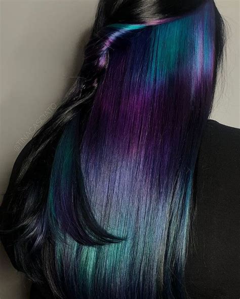 Peekaboo Highlights on Dark Hair. Teal, purple & blue. | Dark hair with ...