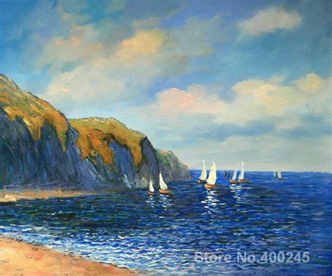 Landscape Oil Painting Cliffs and Sailboats at Pourville by Claude Monet Room decor Hand painted ...