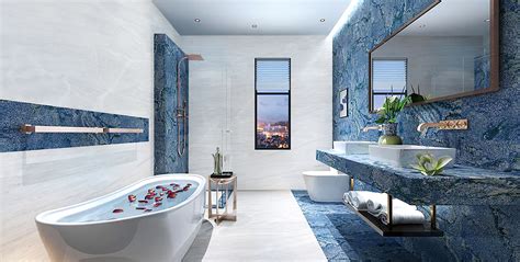 Blue Marble Tiles On Bathroom Wall