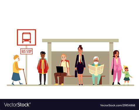 Crowd people waiting vehicle at bus stop flat Vector Image