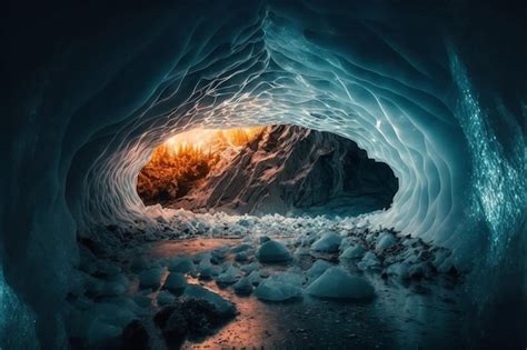 Premium AI Image | An ice cave with a mountain in the background