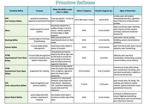 Primitive reflexes chart | Primitive reflexes, Occupational therapy ...