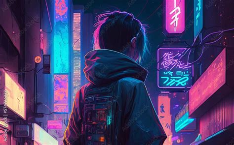 new neon cyberpunk anime artwork hd wallpaper Stock Illustration | Adobe Stock