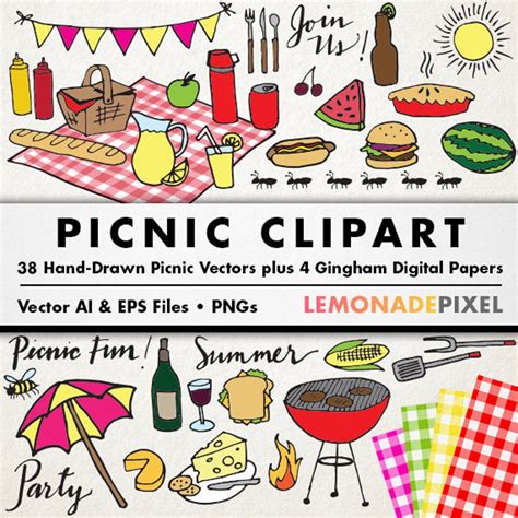 Picnic Clipart Picnic Party Theme, Summer Party Grill Clip Art, Gingham ...