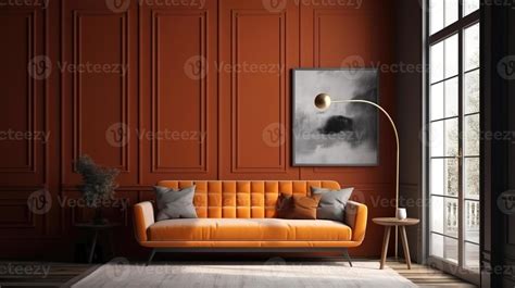 Contemporary interior with modern orange sofa, room in grey tones. 23057397 Stock Photo at Vecteezy