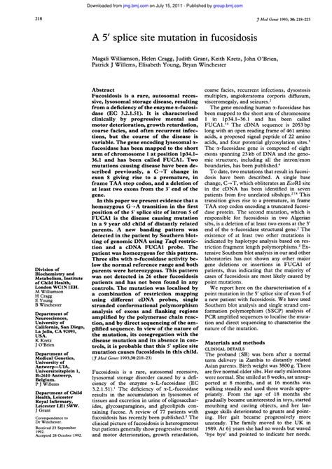 (PDF) A 5′ splice site mutation in fucosidosis