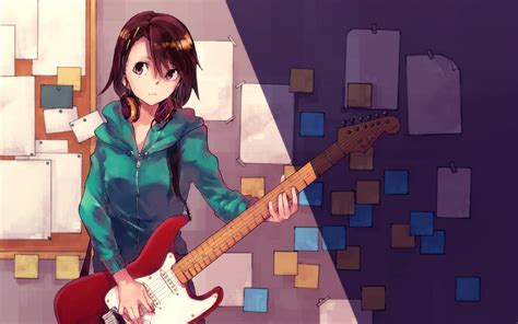 Female anime character with red electric guitar HD wallpaper ...