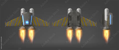 Jetpack with fire and yellow stripes on wings, top, side and bottom view, isolated 3d vector ...