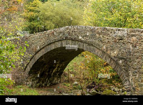 Snowdonia, an Old Stone Bridge partly overgrown. Small arch spanning a river with Autumn color ...