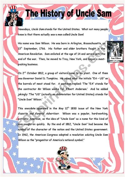 The History of Uncle Sam - 2 pages + key - ESL worksheet by carinaluc