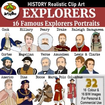 16 Famous Explorers History Clipart Set -color and Black and White (32 ...